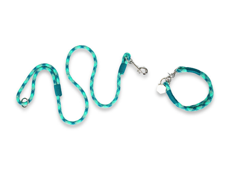 Collared Creatures Aqua Diamond Handmade Rope Dog Collar with Whipping. Bespoke Aqua Blue Luxury Rope Dog Collar. Handmade in the UK with Matching Blue Rope Dg Leash