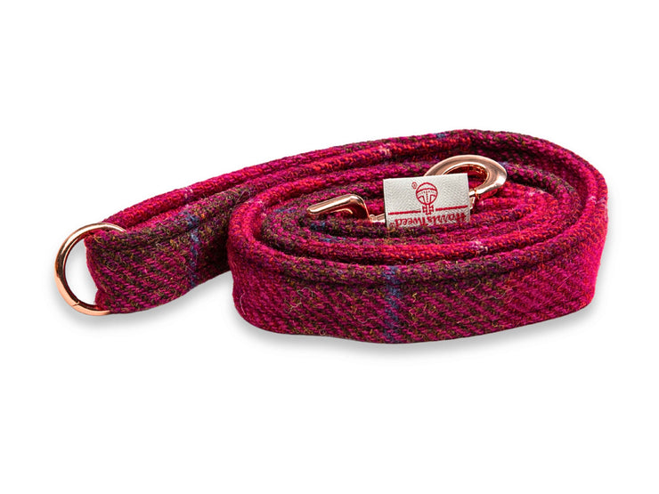Deep Fushia Check Luxury Harris Tweed Dog Lead Hand Made by Collared Creatures in the UK. Stylish & Durable Tweed. Vibrant Pink Fuscia Dog Lead.