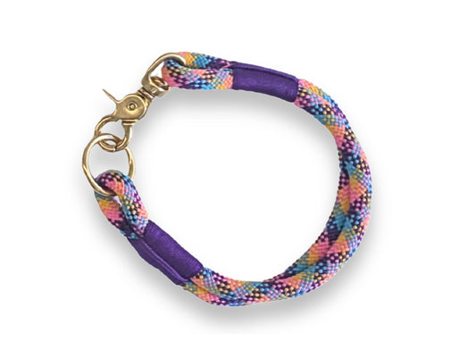 Dolomite multi colour rope dog collar, lightweight 8 mm PPM cord, weather-proof & washable, brass hardware, custom whipping, handmade pet accessory