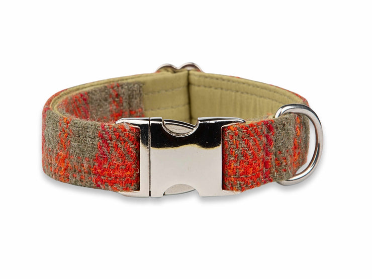 Luxury orange & olive check Harris Tweed collar, extra wide and durable for medium to large dogs - Collared Creatures