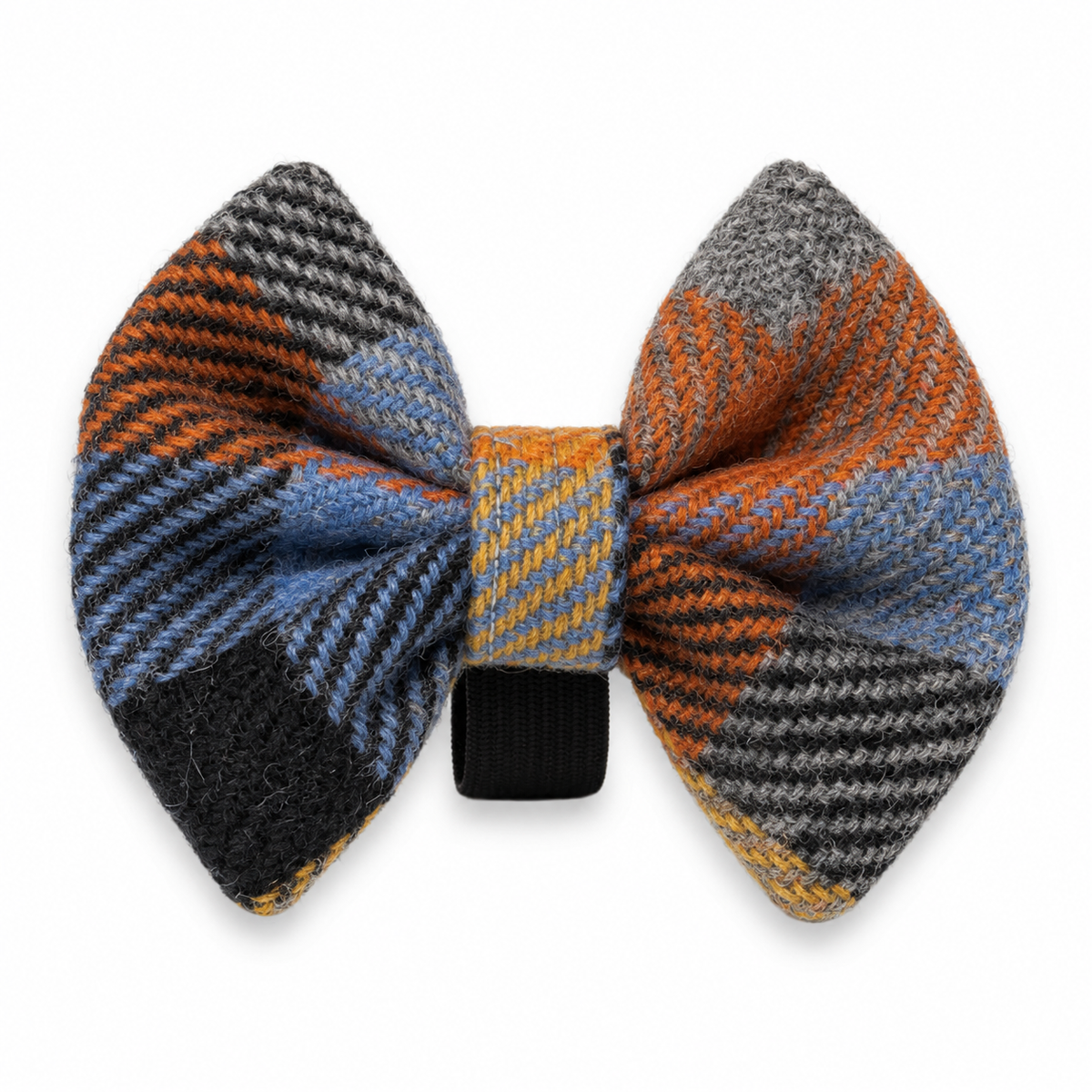 A dog  bow tie featuring a multicolor plaid pattern with orange, blue, gray, black, and yellow stripes, secured with a black elastic band on a white background.