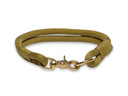Golden Treasure round rope dog collar, 8 mm PPM cord with brass hardware, custom whipping, handmade pet accessory