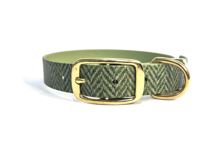 Green Herringbone Tweed Printed Waterproof Biothane Dog Collar
