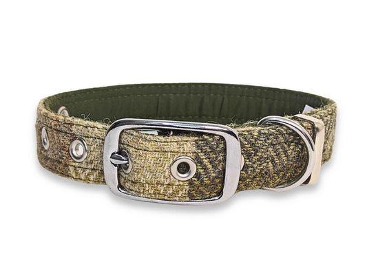 Green Block Luxury Harris Tweed Dog Collar by Collared Creatures - Classic Handmade Tweed Buckle Dog Collar, Made in the UK, Available in Multiple Sizes
