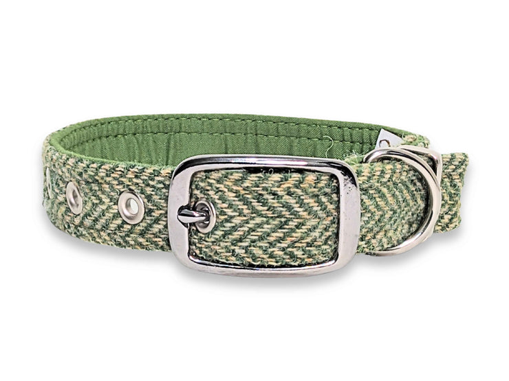 Green Herringbone Luxury Harris Tweed Dog Collar by Collared Creatures - Luxury Handmade Traditional Tweed Buckle Dog Collar, Genuine Harris Tweed, Made in the UK, Available in Multiple Sizes