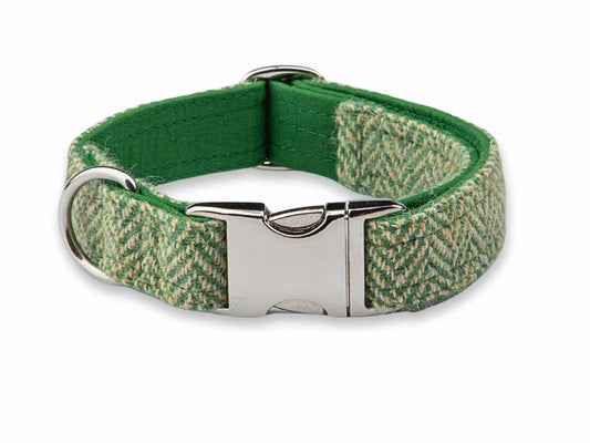 Green Herringbone Luxury Harris Tweed Dog Collar by Collared Creatures - UK Handmade Tweed Clasp Dog Collar, Durable & Stylish, Available in Multiple Sizes
