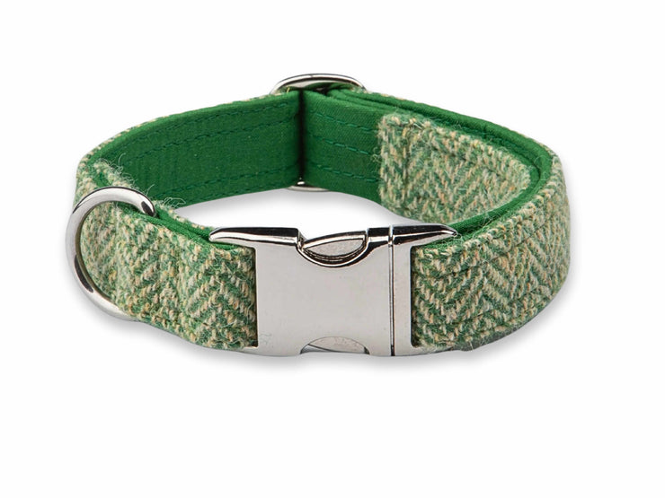 Green Herringbone Luxury Harris Tweed Dog Collar by Collared Creatures - UK Handmade Tweed Clasp Dog Collar, Durable & Stylish, Available in Multiple Sizes
