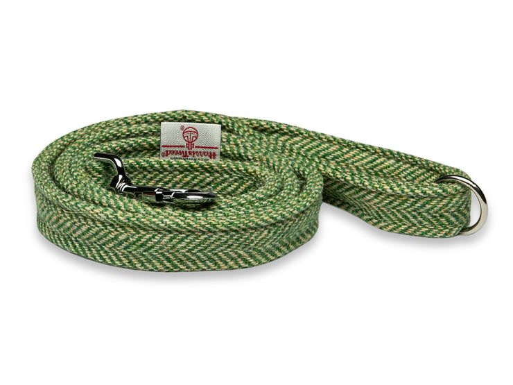 Collared Creatures Handmade Green Herringbone Harris Tweed Luxury Dog Lead. Vibrant Heritage Design. Durable and Stylish Dog Lead.