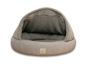 Studio image of the grey cocoon dog bed with high bolster and hooded canopy