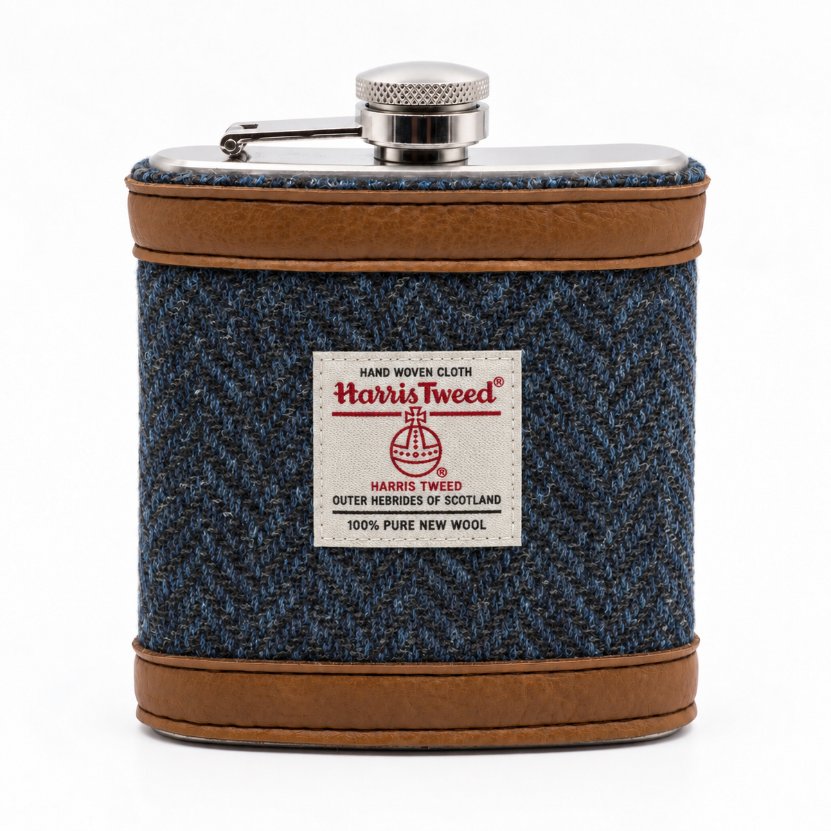 Midnight Blue Herringbone Harris Tweed Hip Flask Gift Set