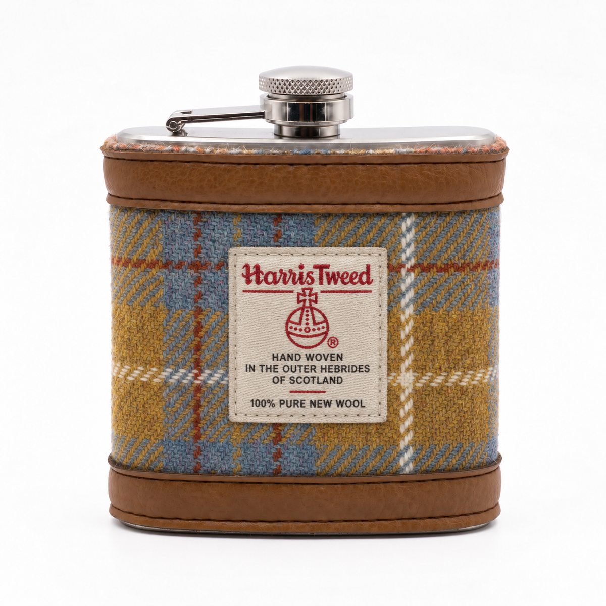 harris tweed mustard & blue hip flask