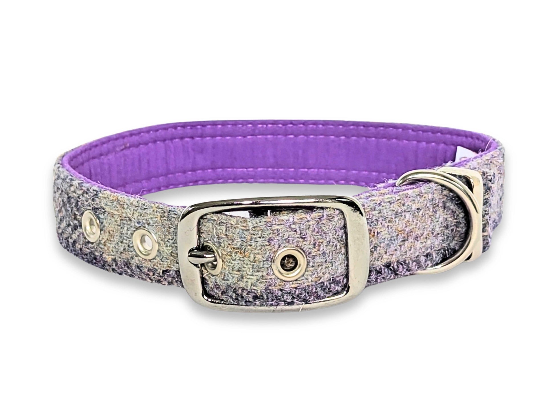 Lavender Block Pattern Luxury Harris Tweed Dog Collar by Collared Creatures - Bespoke Handmade Harris Tweed Dog Collar UK, Stylish Lavender Pattern,  Available in Multiple Sizes