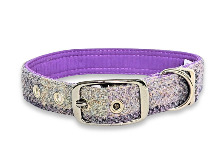 Lavender Block Pattern Luxury Harris Tweed Dog Collar by Collared Creatures - Bespoke Handmade Harris Tweed Dog Collar UK, Stylish Lavender Pattern,  Available in Multiple Sizes