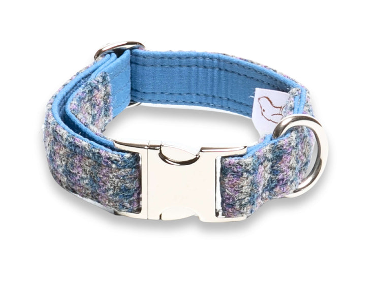 Lilac & Blue Small Check Luxury Harris Tweed Dog Collar by Collared Creatures - Luxury UK made Dog Collar, Durable & Stylish, Available in Multiple Sizes
