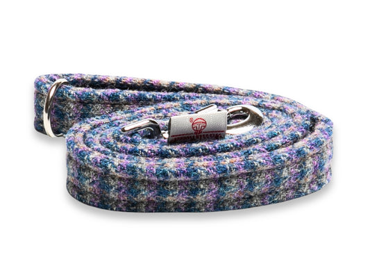 Lilac & Blue small Check Luxury Harris Tweed Dog Lead Handmade in the UK by Collared Creatures. Durable and Stylish Harris Tweed Dog Lead. Machine Washable. Match with a Matching Harris Tweed Dog Collar.