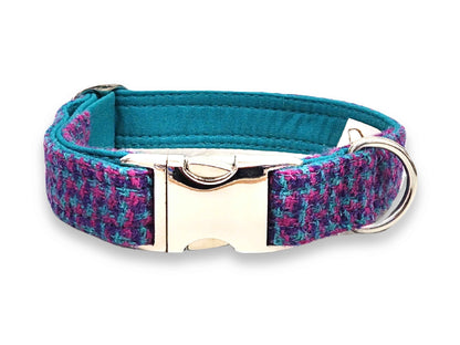Magenta, Violet & Teal Houndstooth Luxury Harris Tweed Dog Collar