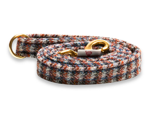 MultiCheck Blue, Orange & Grey Luxury Harris Tweed Dog Lead Handmade by Collared Creatures in the UK. Heritage Tweed Designer Dog Lead. Pair With a Matching Harris Tweed Dog Collar.