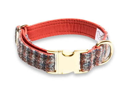 Multi Check Blue, Orange & Grey Designer Dog Collar Handmade Harris Tweed Dog Collar  Collared Creatures 
