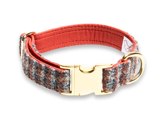 Multi Check Blue, Orange & Grey Designer Dog Collar Handmade Harris Tweed Dog Collar  Collared Creatures 
