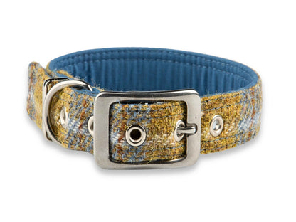 Mustard & Blue Check Luxury Harris Tweed Dog Collar by Collared Creatures - Stylish Handmade Harris Tweed Dog Collar with Buckle, Handmade to Order, Available in Small, Medium, Large and Extra Large