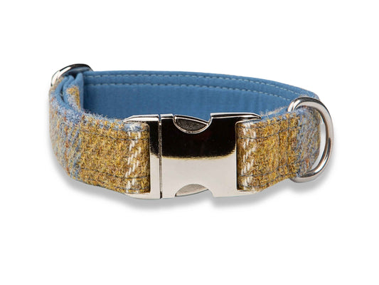 Mustard & Blue Check Luxury Harris Tweed Dog Collar by Collared Creatures - Luxury Handmade Dog Collar, Durable & Stylish, Available in Multiple Sizes
