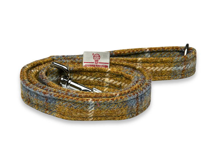 Collared Creatures Mustard & Blue Check Harris Tweed Luxury Dog Lead. Heritage Harris Tweed Dog Lead Hand Made in the UK. Stylish & Durable. Paid With a Matching Harris Tweed Dog Collar.