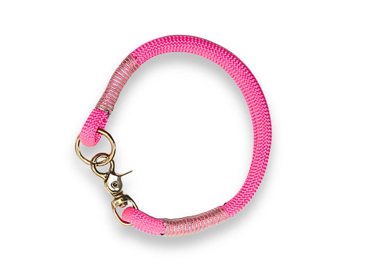 Neon pink high-visibility rope dog collar, 8 mm washable PPM, lightweight, brass hardware, whipping, handmade pet accessory