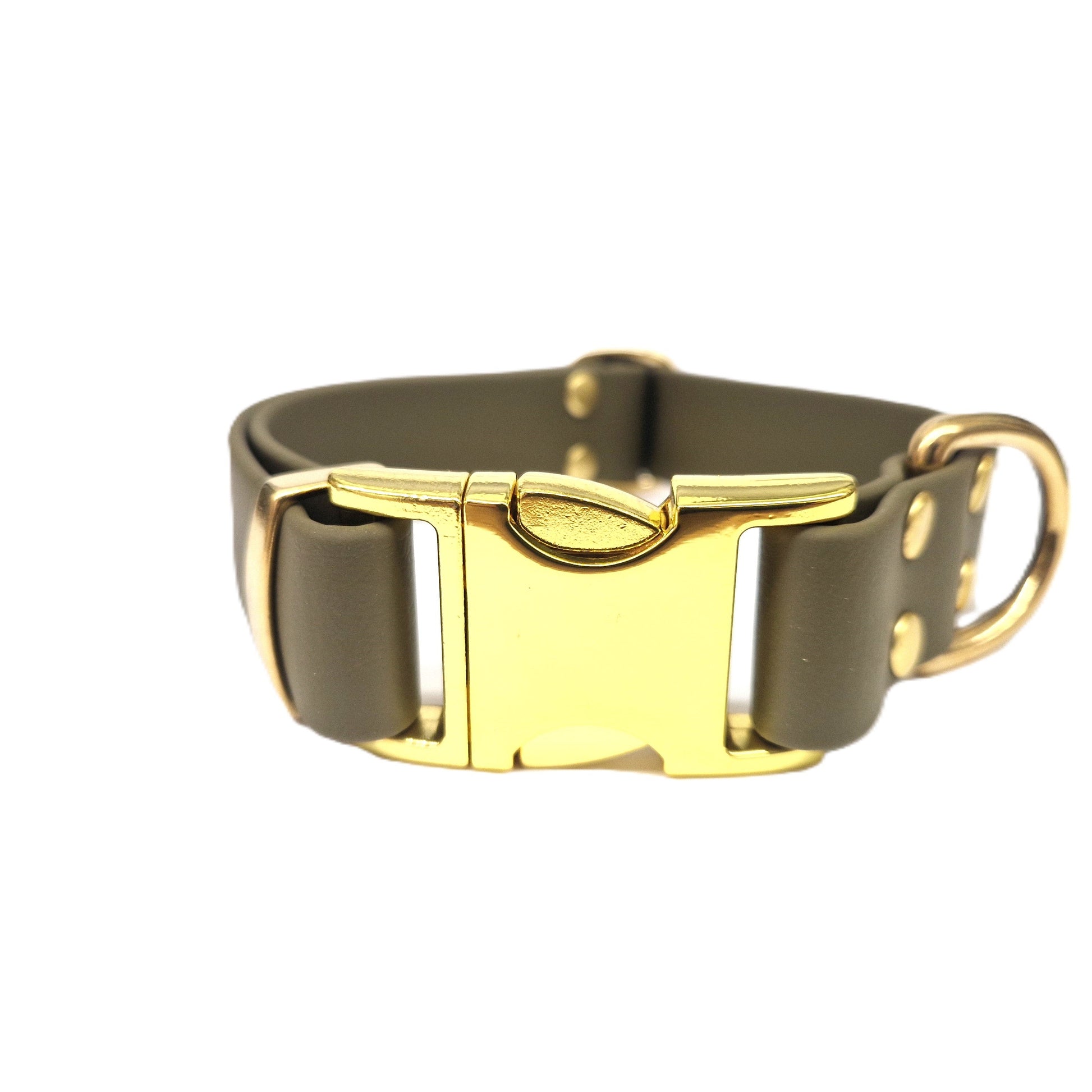 Biothane 38mm wide Dog collar with gold buckle on a white background