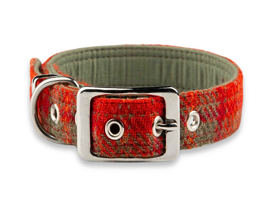 Orange & Olive Luxury Harris Tweed Dog Collar by Collared Creatures - Unique Design Harris Tweed Dog Collar, Handmade in the UK, High Quality, Available in Multiple Sizes