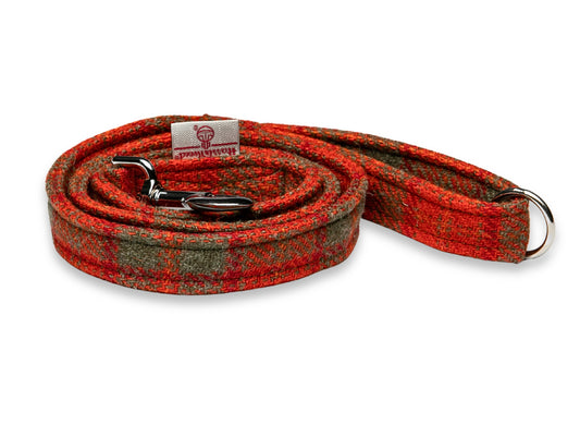 Collared Creatures Orange & Olive Check Harris Tweed Luxury Dog Lead. Handmade in the UK. Vibrant & Colourful Orange Harris Tweed Dog Lead. Hard Wearing & Durable. Pair With a Matching Harris Tweed Dog Collar.