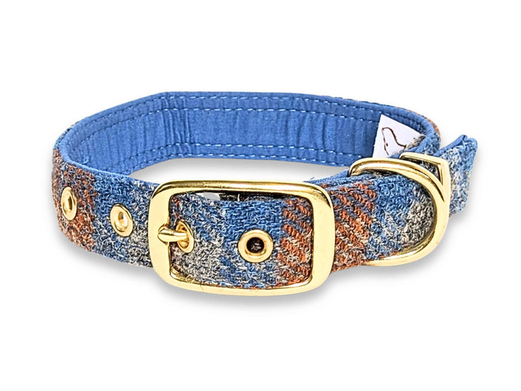 Orange & Blue Check Luxury Harris Tweed Dog Collar by Collared Creatures - Highest Quality Harris Tweed Dog Collar, Handmade in Britain, Durable & Stylish, Available in Multiple Sizes