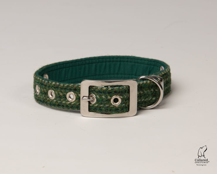 Dashes Of Green -Buckle Fastening Luxury Harris Tweed Dog Collar/collared creatures