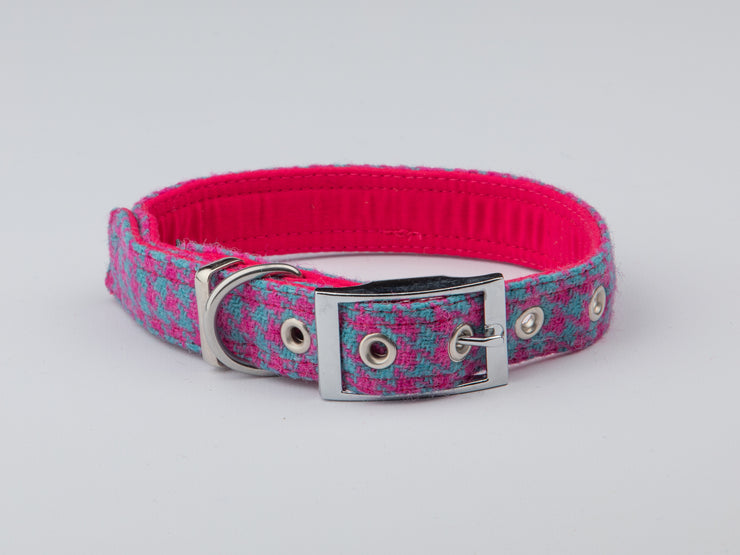 Turqouise & Pink Houndstooth-Buckle Fastening Luxury Harris Tweed Dog Collar/collared creatures