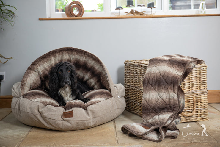 Beige Luxury Dog Cave Bed with removable rigid hood