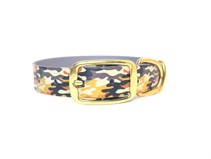 Yellow & Orange Camouflage Printed Waterproof Biothane Dog Collar Media /collared creatures