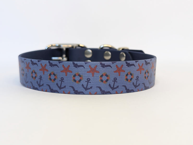 Blue Anchors Printed Waterproof Biothane Dog Collar