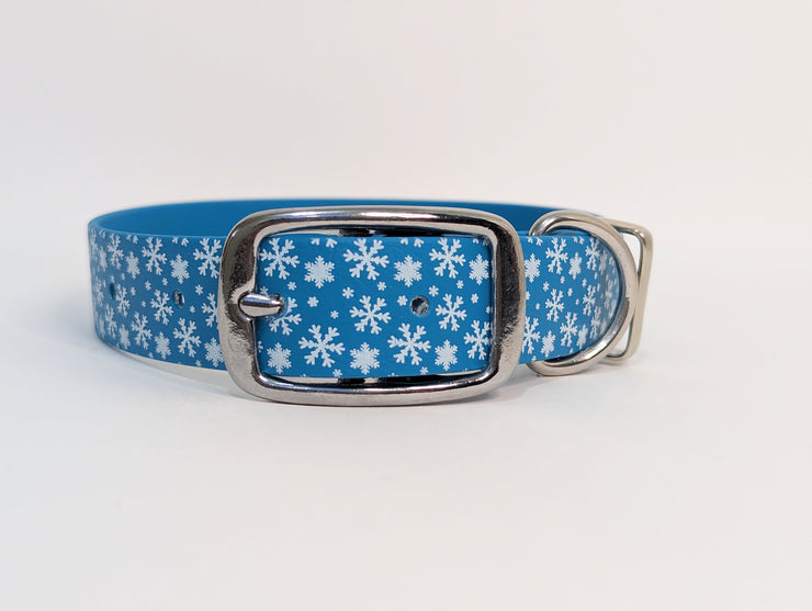 Christmas Snowflakes on turquoise Printed Waterproof Biothane Dog Collar/collared creatures