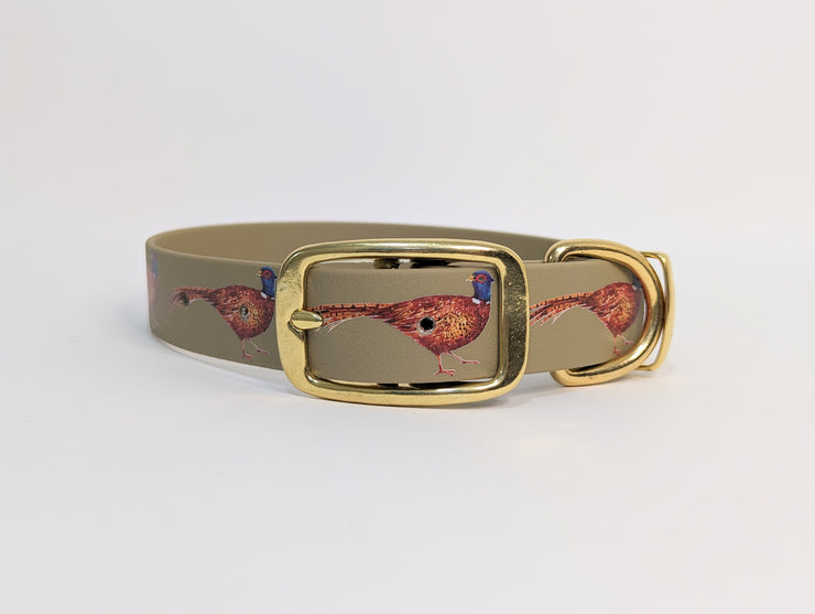 Posing Pheasants on Beige Printed Waterproof Biothane Dog Collar/collaredcreatures