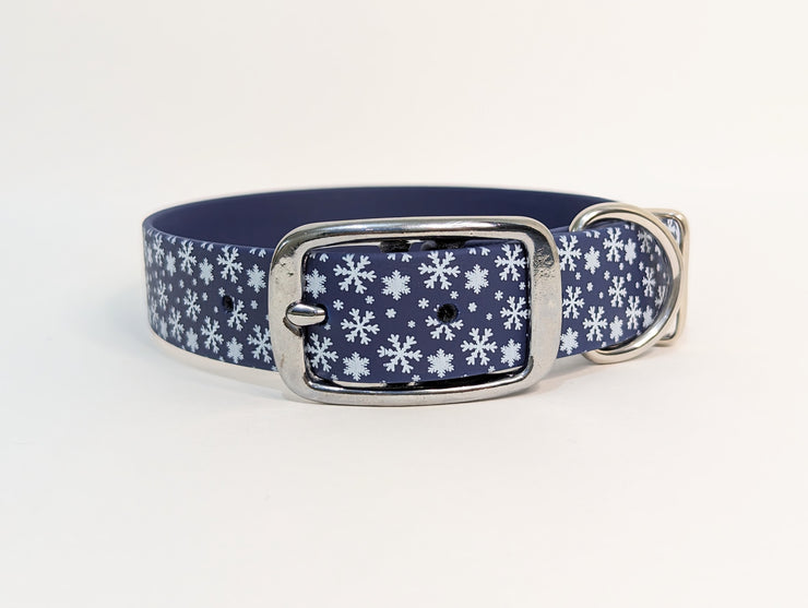 Christmas Snowflakes on turquoise Printed Waterproof Biothane Dog Collar/collared creatures
