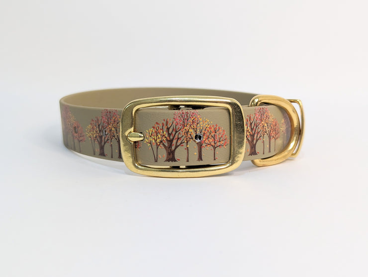 Autumn Trees on Beige Printed Waterproof Biothane Dog Collar/ collared creatures