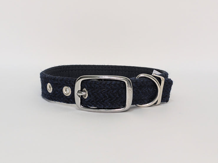 Midnight Blue Herringbone-Buckle Fastening Luxury Harris Tweed Dog Collar/collared creatures