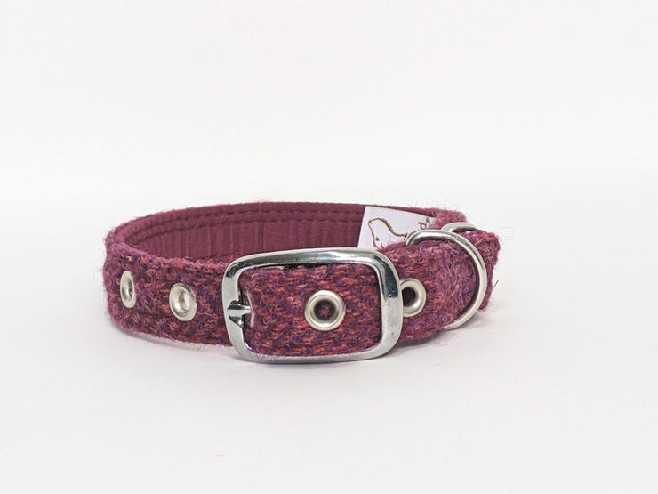 Raspberry & Coral-Buckle Fastening Luxury Harris Tweed Dog Collar/collared creatures