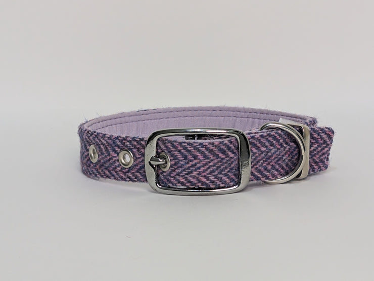 Lilac & Blue Herringbone -Buckle Fastening Luxury Harris Tweed Dog Collar/collared creatures