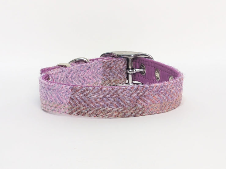 Pretty Pink Block Herringbone Check  -Buckle Fastening Luxury Harris Tweed Dog Collar