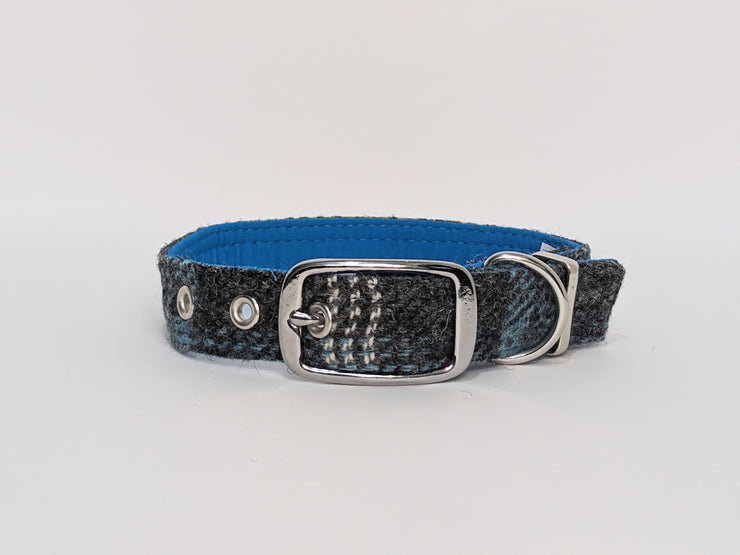 Blue Grey Check-Buckle Fastening Luxury Harris Tweed Dog Collar/collared creatures