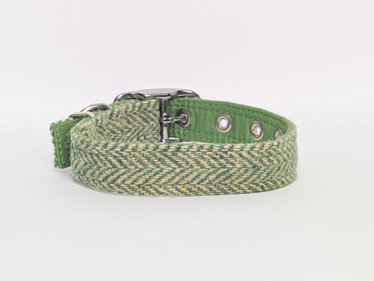 Green Herringbone -Buckle Fastening Luxury Harris Tweed Dog Collar/ collared creatures