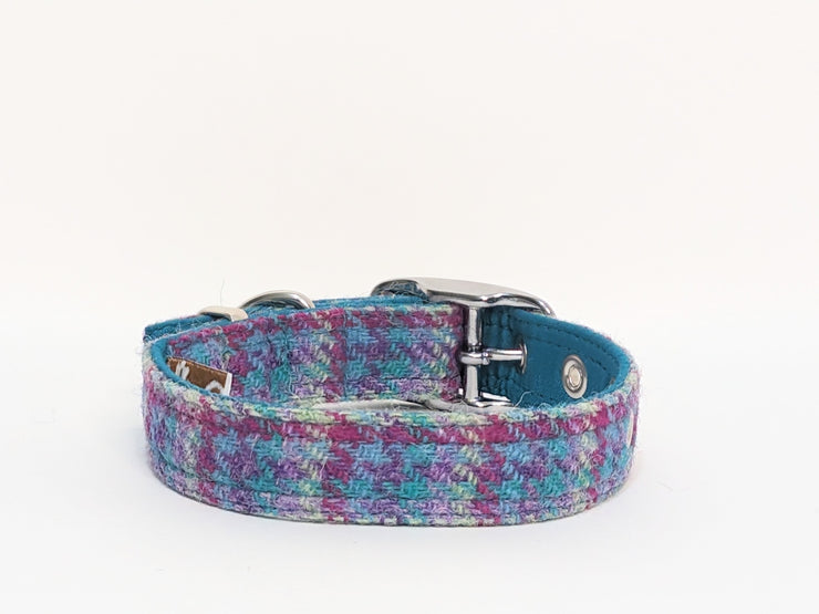 Raspberry & Turqouise Houndstooth -Buckle Fastening Luxury Harris Tweed Dog Collar