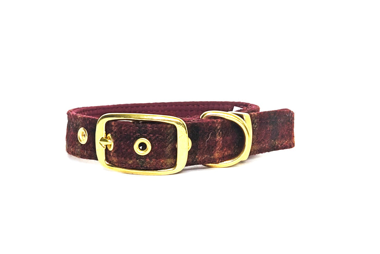 Collared Creatures Balmoral Claret Check- Buckle Fastening Abraham Moon Luxury Dog Collar/ collared creatures