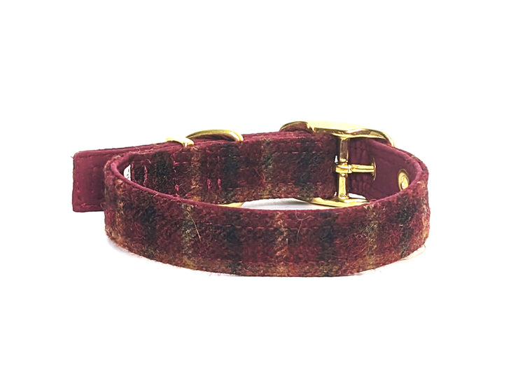 Balmoral Claret Check-Buckle Fastening Luxury Abraham Moon Tweed Dog Collar