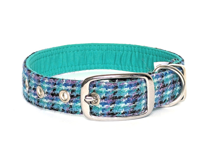 Collared Creatures Teal Lilac and Black check- Buckle Fastening Harris Tweed Luxury Dog Collar/collared creatures